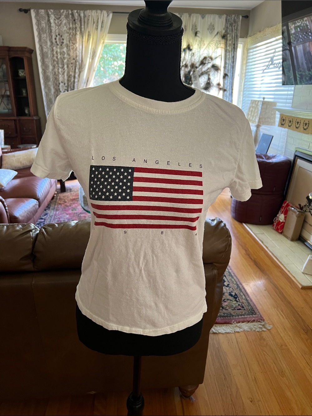 Brandy Melville White Tee with American Flag Print- 1984 Flag 4th of July